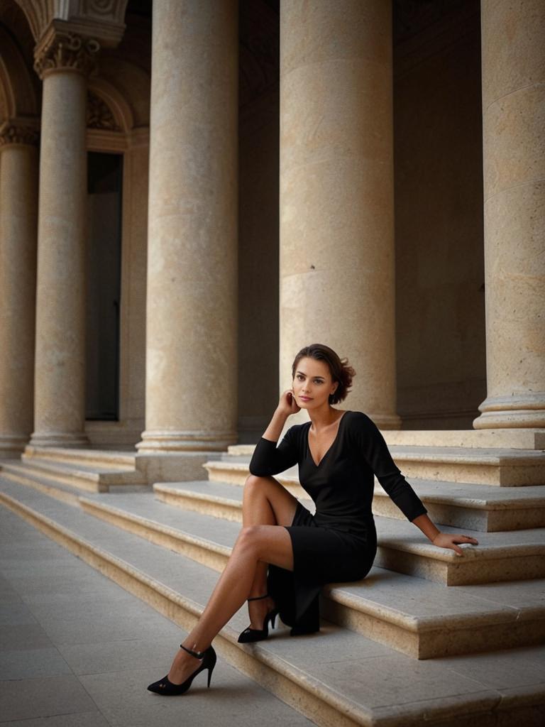 Elegant Woman in Black Dress on Historic Steps