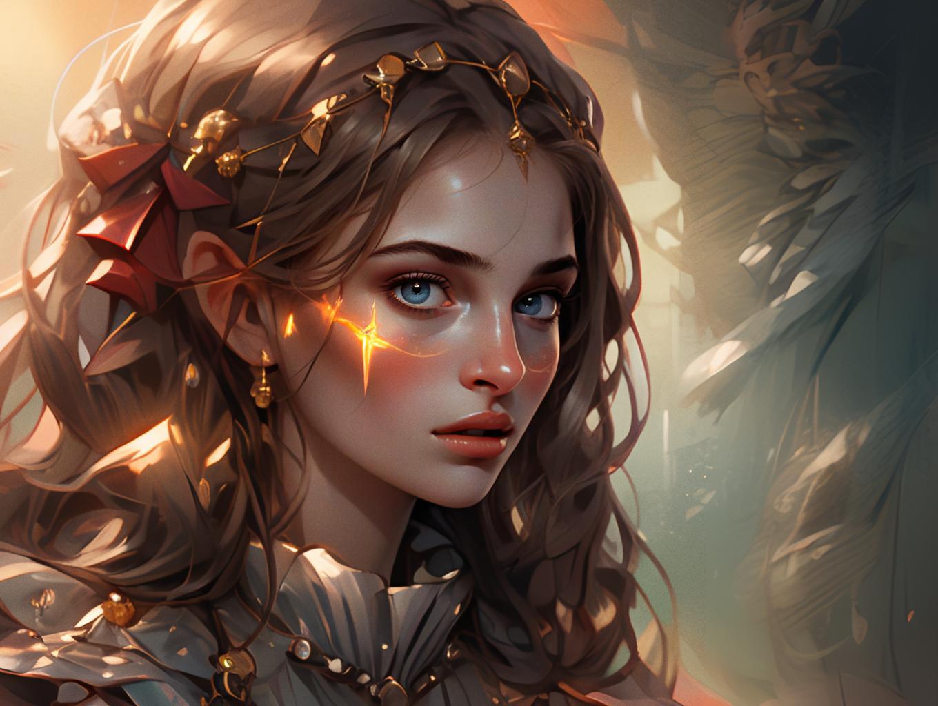 Digital Fantasy Portrait of Young Woman with Golden Accessories