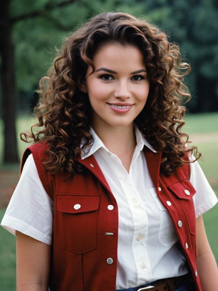 Young Woman with Curly Hair in Red Vest Inspired by Veronica Sawyer Heathers