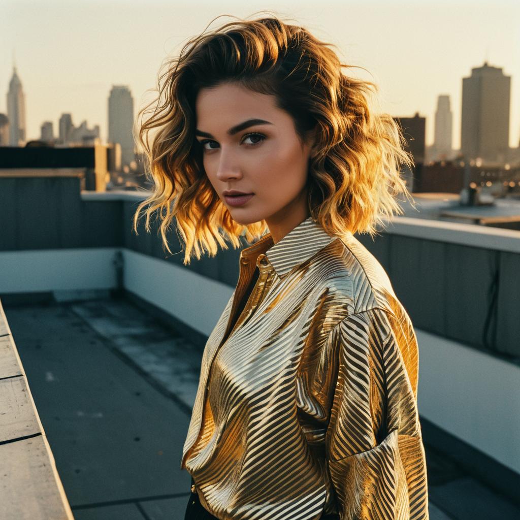 Young Woman in Gold Metallic Shirt on Urban Rooftop at Sunset