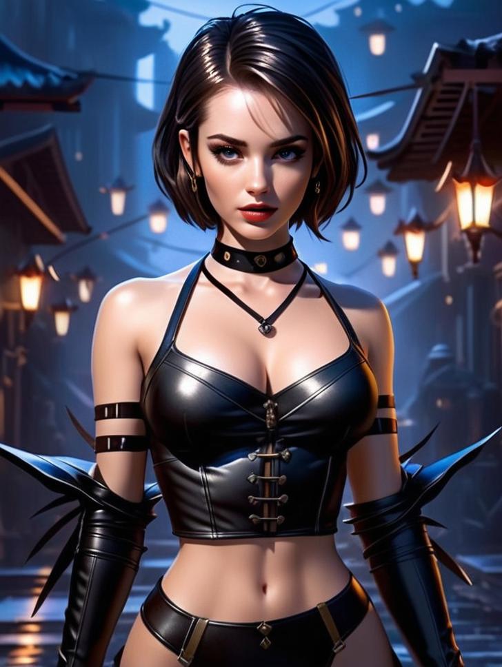 Confident Woman in Black Leather Cyberpunk Outfit Digital Art