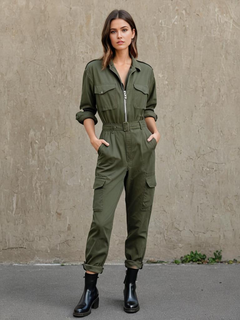 Stylish Woman in Olive Green Jumpsuit