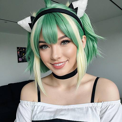 Cosplay Woman with Green Hair and Cat Ears Headband Featuring Anime Style