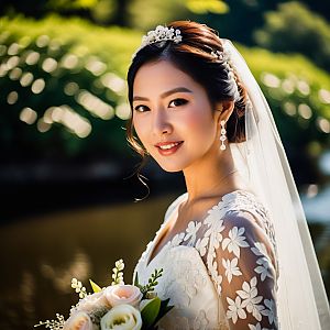 Radiant Bride in Lace Gown with Bouquet