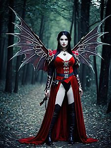 Fantasy Woman in Red Gothic Costume with Bat Wings in Forest