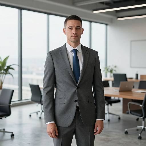 Businessman in Grey Suit Standing in Modern Office