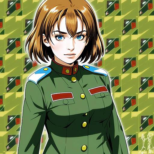 Anime Woman in Military Uniform with Blue Eyes and Brown Hair