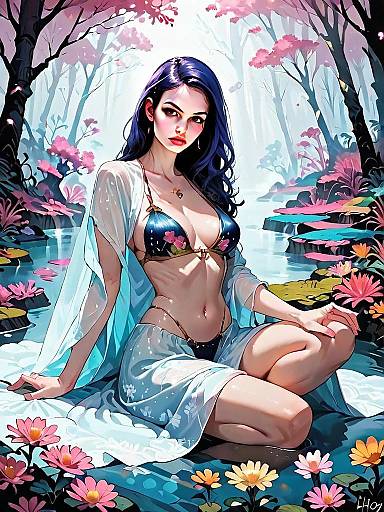 Fantasy Digital Art of Woman in Floral Waterscape