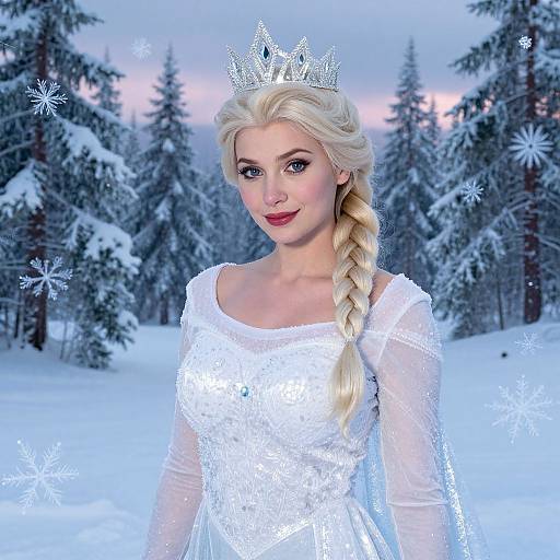 Snow Queen Woman in Sparkling White Dress and Crown in Winter Forest