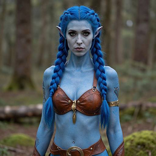 Blue Skinned Woman in Fantasy Leather Armor Cosplay in Forest
