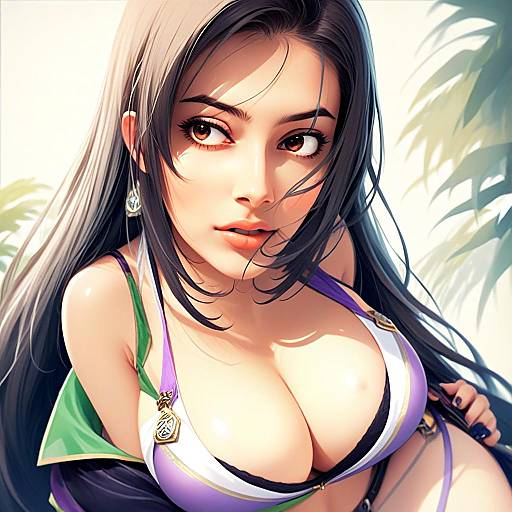 Anime Style Portrait of Woman in Purple and Green Outfit by Mukai Takumi