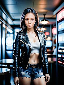 Confident Woman in Leather Jacket & Neon Lights