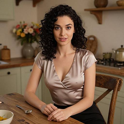 Young Woman Sitting at Kitchen Table in Satin Top