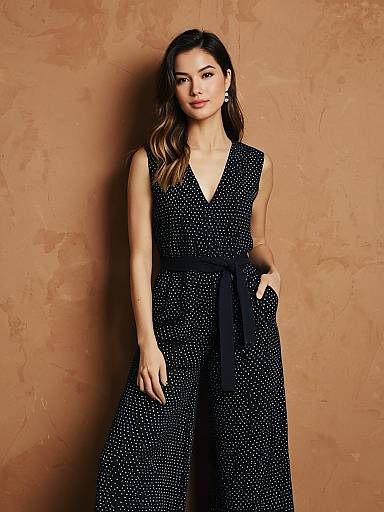 Elegant Woman in Black Polka Dot Jumpsuit Against Brown Textured Wall