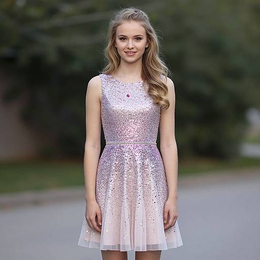 Young Woman in Sparkling Pink Sequin Dress Outdoors
