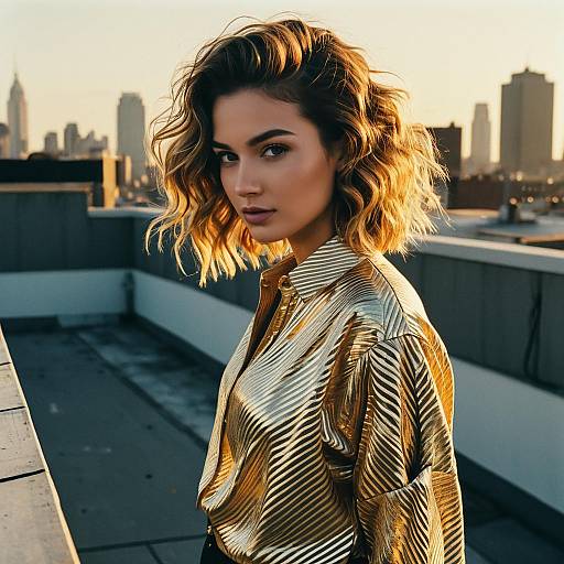 Young Woman in Gold Metallic Shirt on Urban Rooftop at Sunset