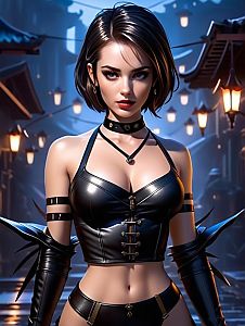 Confident Woman in Black Leather Cyberpunk Outfit Digital Art
