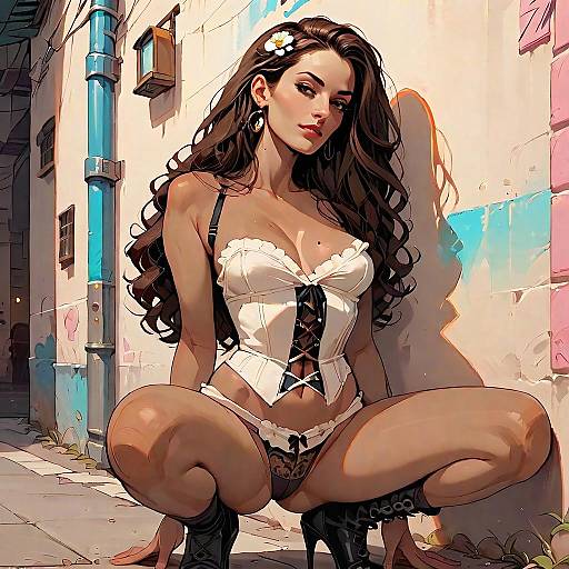 Stylish Woman in White Corset Digital Illustration in Alleyway