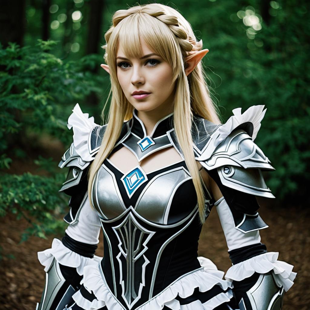 Elven Warrior Woman Cosplay in Forest with Silver Armor