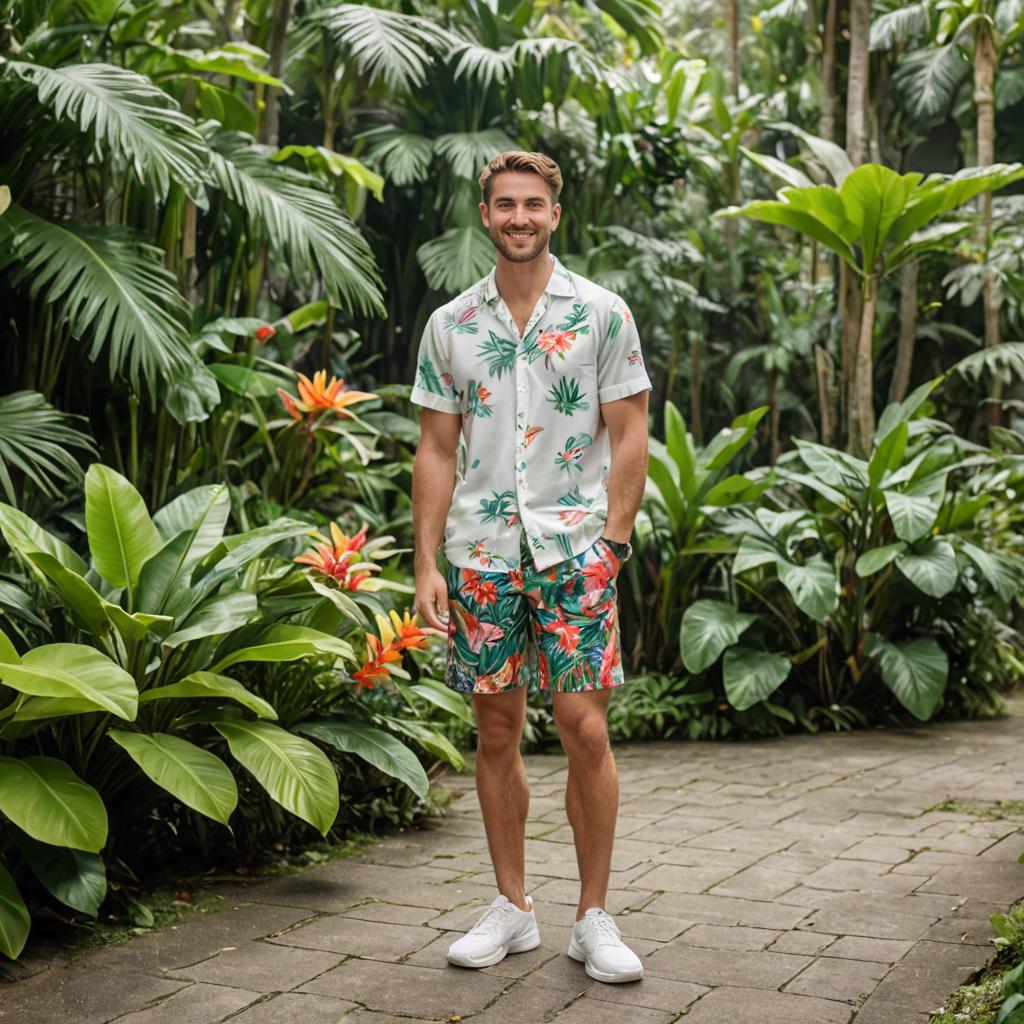 Cheerful Man in Tropical Outfit Among Lush Greenery