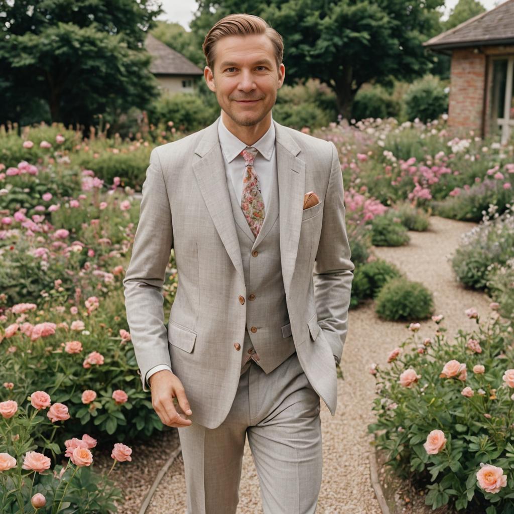 Dapper Man in Light Suit in Serene Garden