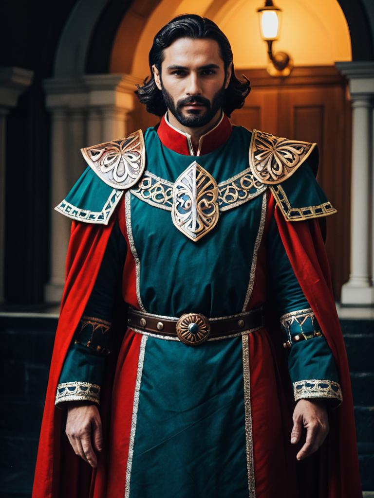 Detailed Melchior Mayvin Cosplay Costume on Man in Medieval Style Attire