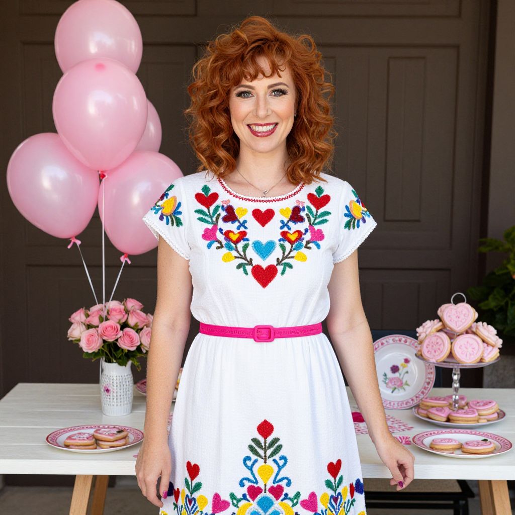 Woman in Embroidered Dress with Pink Balloons and Heart-Shaped Cookies