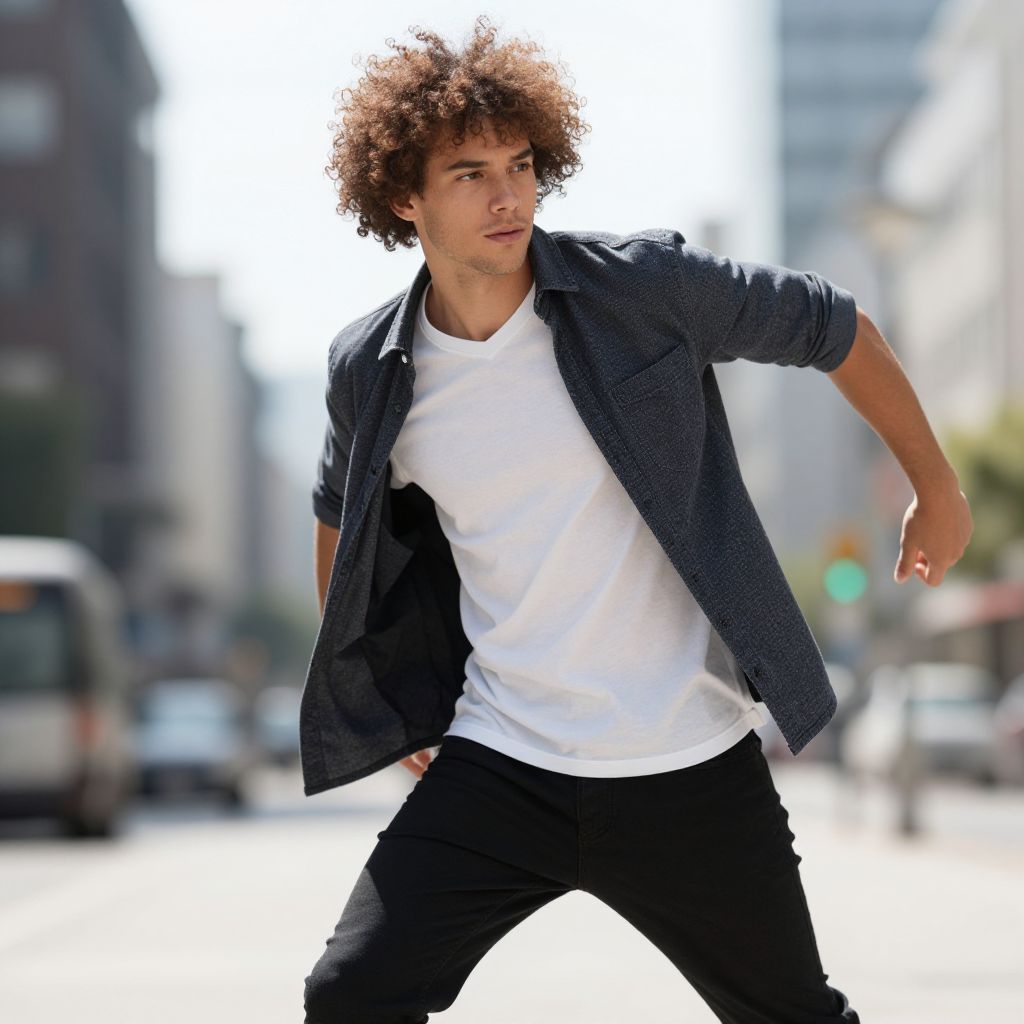 Energetic Young Man in Casual Streetwear Posing Outdoors