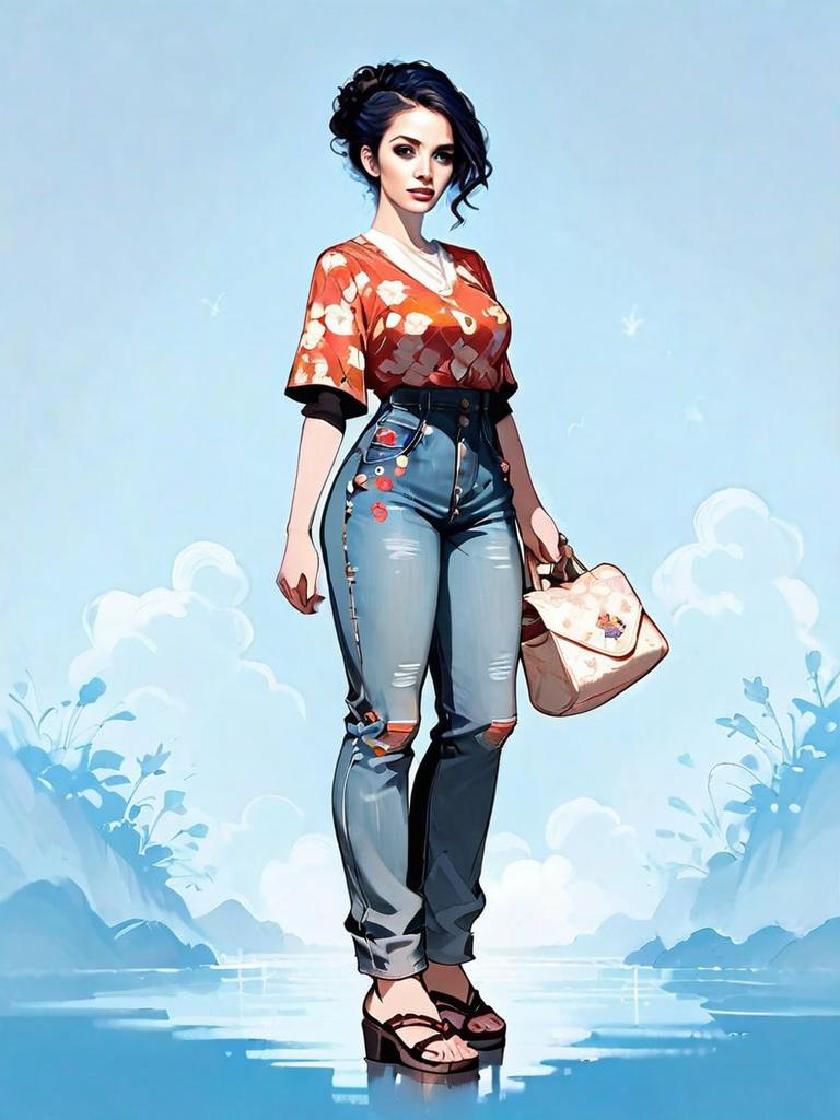 Full-Body Digital Illustration of Woman in Floral Top and Ripped Jeans