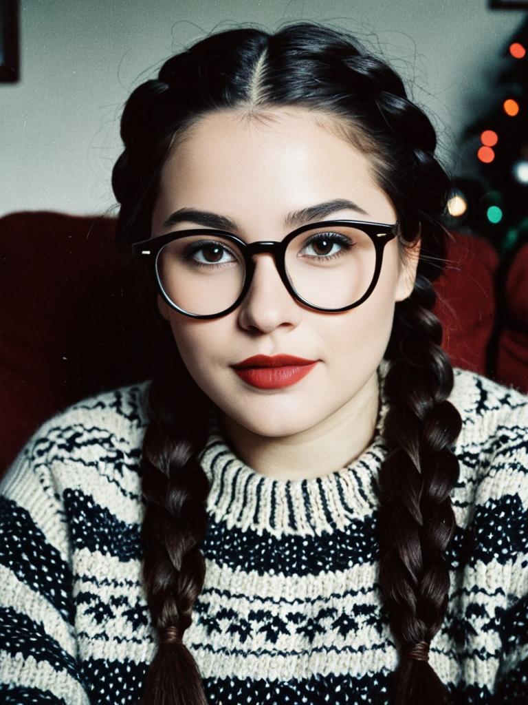 Young Woman with Braided Hair and Black Glasses in Cozy Winter Sweater