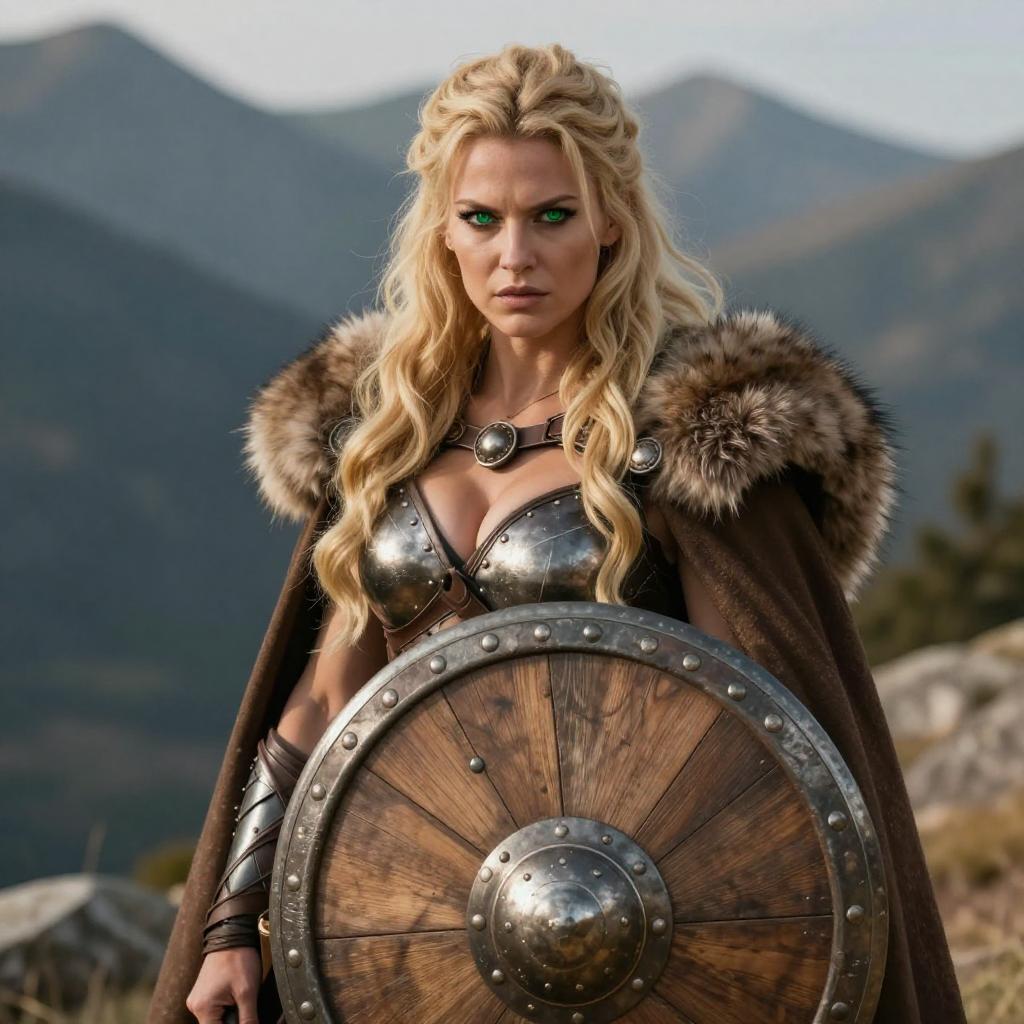 Fierce Woman Warrior in Medieval Armor with Shield in Mountain Landscape