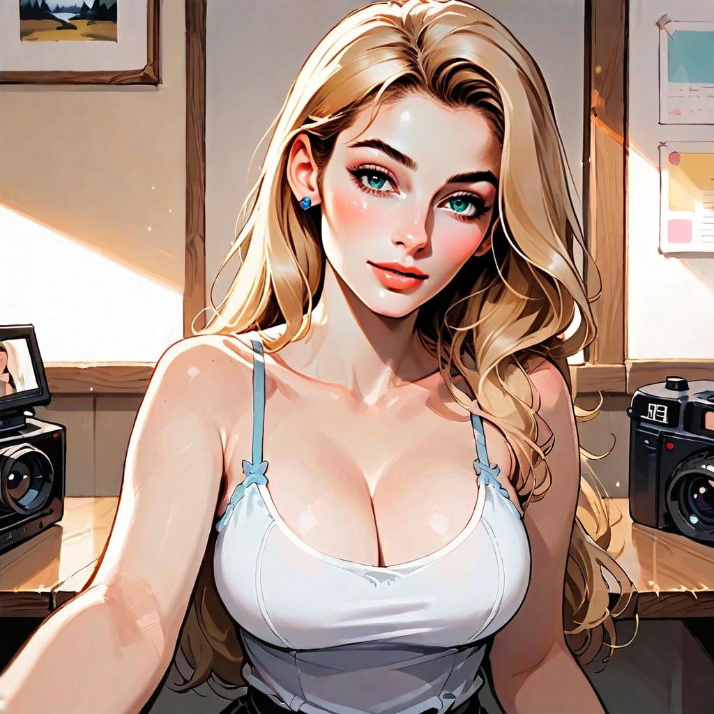 Blonde Woman Portrait in Anime Style with Vintage Cameras