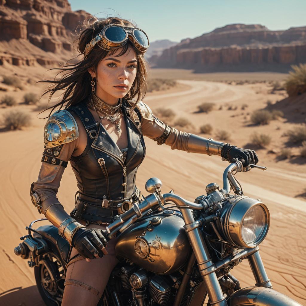 Confident Adventurer on Steampunk Motorcycle in Desert