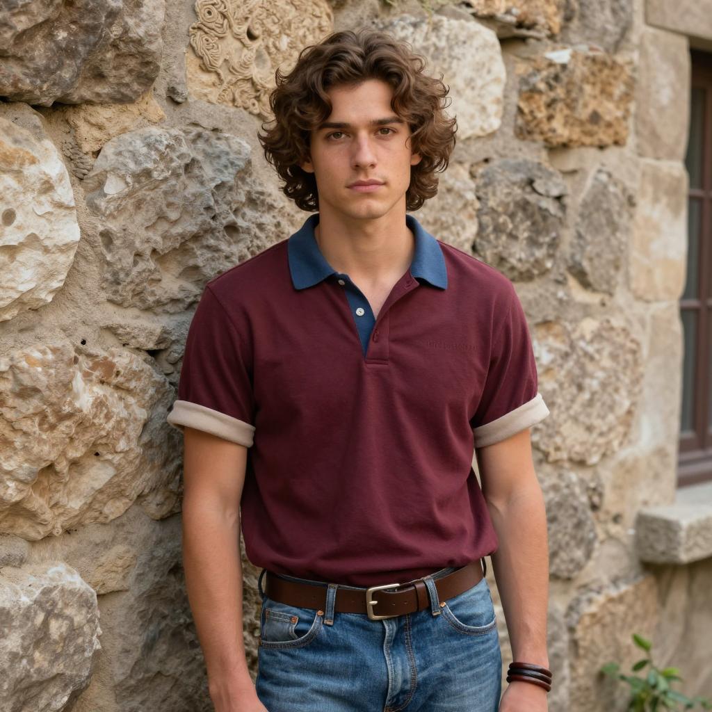 Young Man in Maroon Polo Shirt Standing by Stone Wall