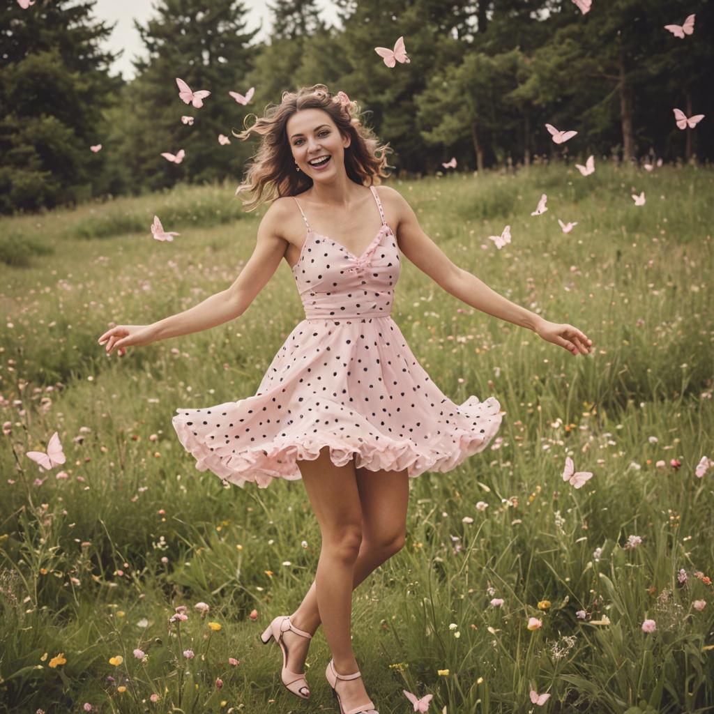 Joyful Woman Dancing in Pink Polka Dot Dress with Butterflies