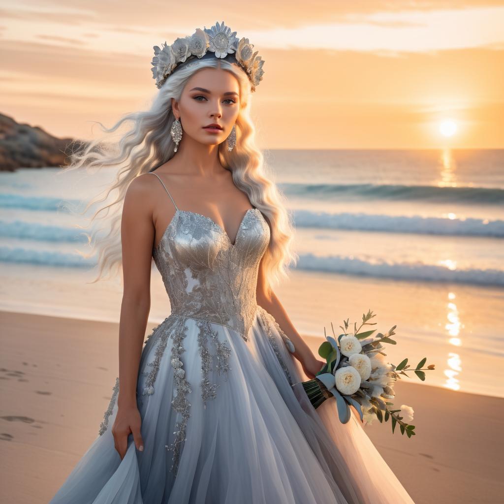 Elegant Bride in Silver Lace Gown with Floral Crown on Sunset Beach
