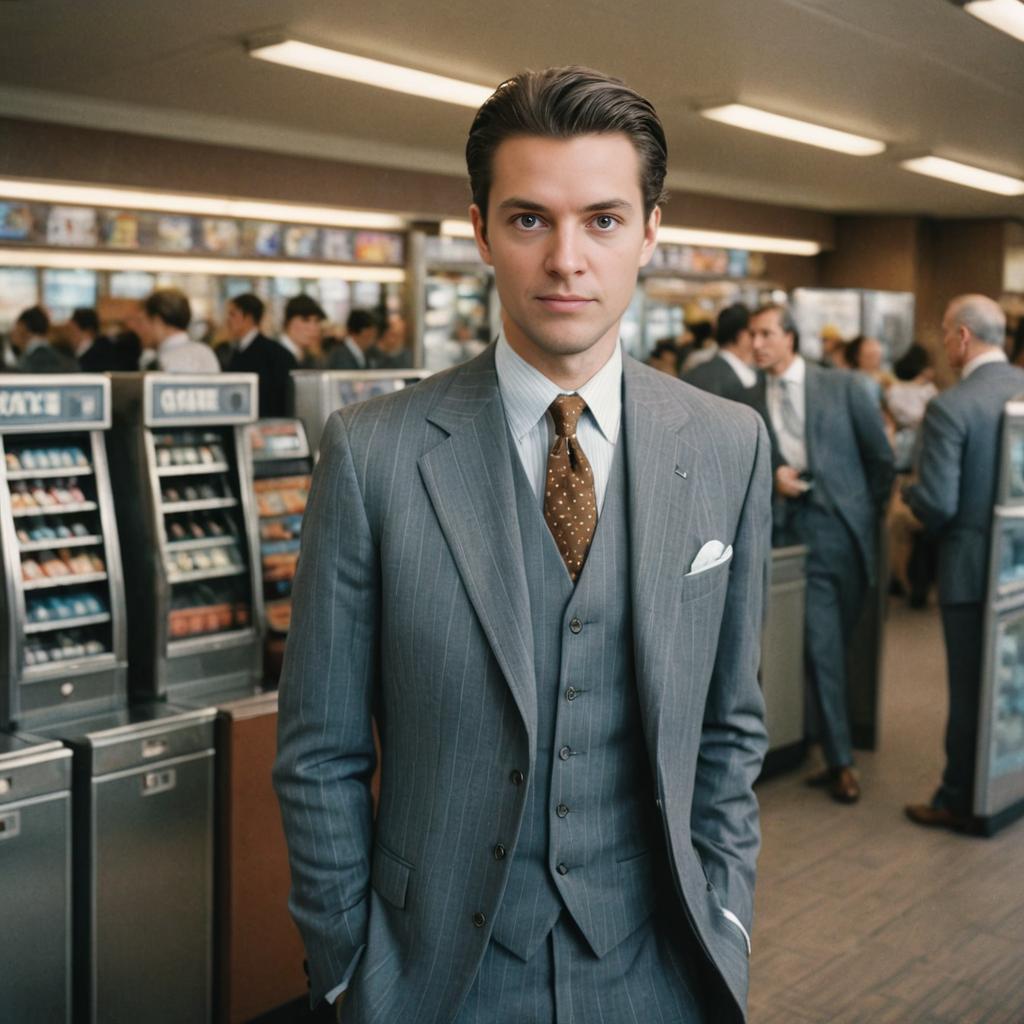 Confident Man in Pinstripe Suit in Vintage Office