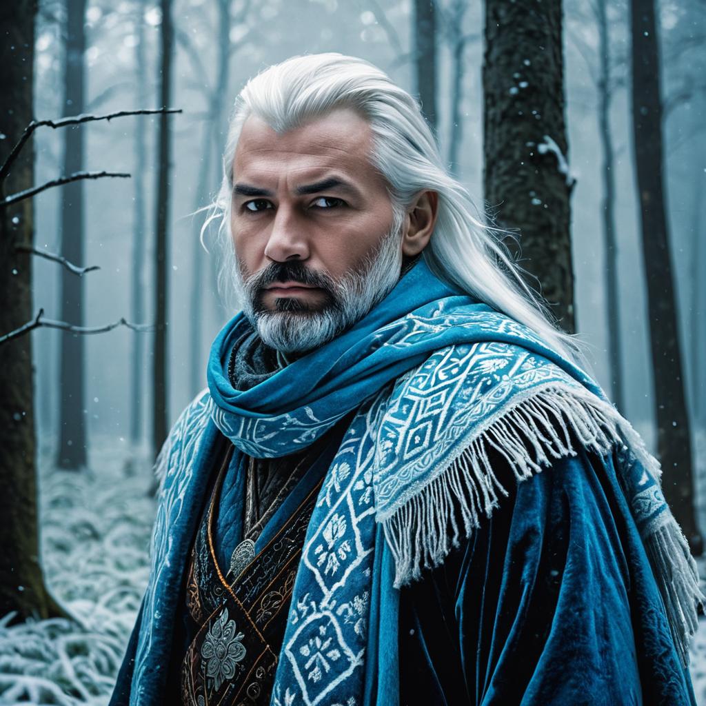 Fantasy Portrait of Man in Blue Medieval Cloak in Snowy Forest