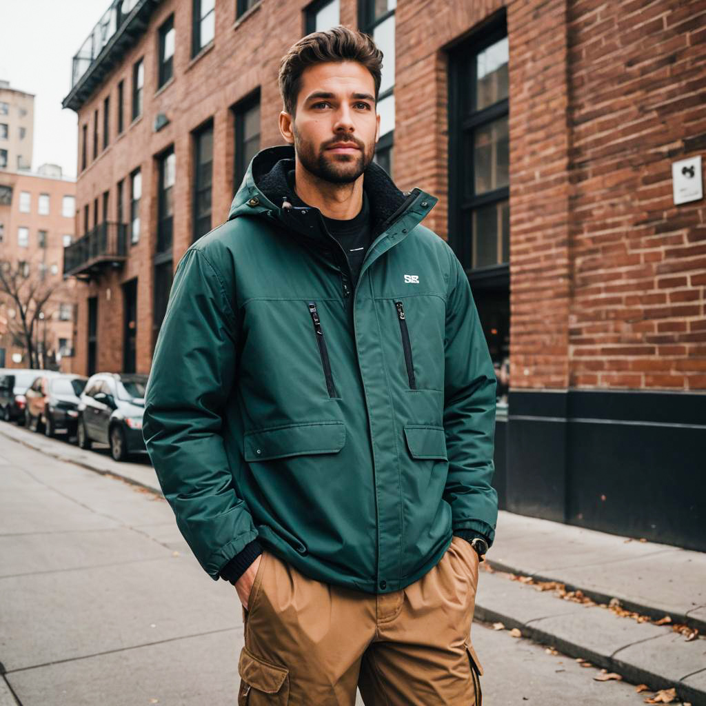 Young Man Wearing Green Hooded Jacket on Urban Street