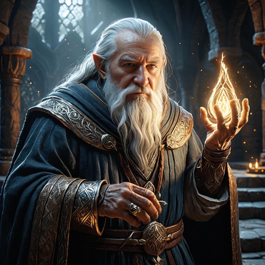 Wise Old Man Conjuring Flame in Gothic Hall