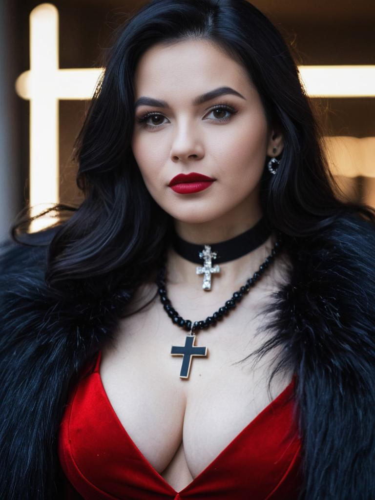 Glamorous Woman in Red Velvet Dress with Cross Necklaces Glamorous Woman in Red Velvet Dress with Cross Necklaces