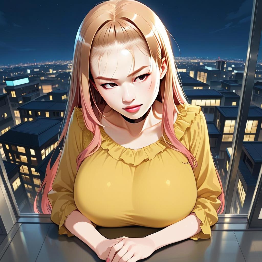 Woman gazing at vibrant cityscape at night