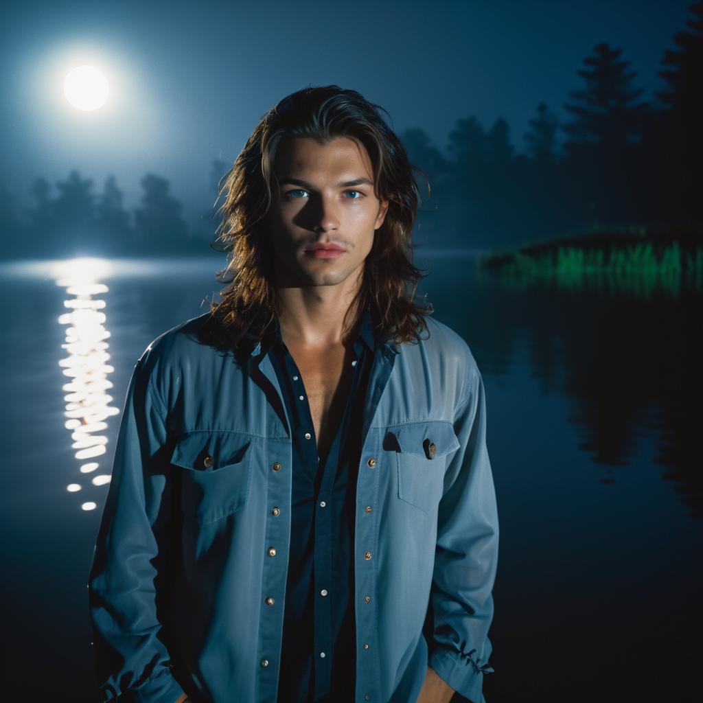 Young Man by Lake at Night with Moonlight