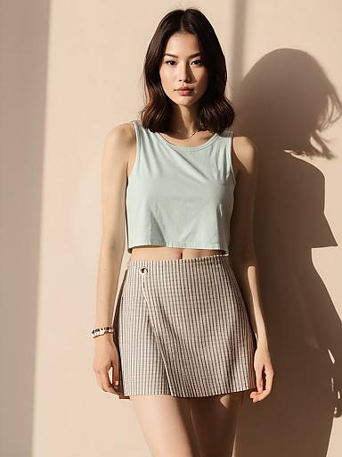Woman in Casual Streetwear Cropped Tank Top and Striped Mini Skirt