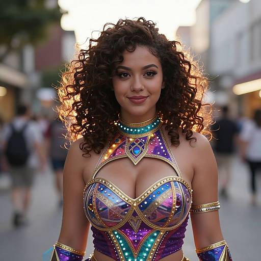 Curly-Haired Woman in Vibrant Fantasy Costume Outdoors