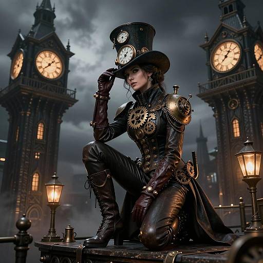 Steampunk Woman in Victorian Attire with Clockwork Details by Gothic Clock Towers
