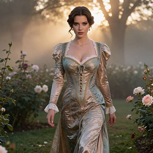 Elegant Woman in Vintage Gown Walking Through Rose Garden at Sunset