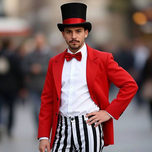 Man in Red Ringmaster Costume with Striped Pants and Top Hat
