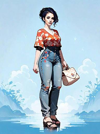 Full-Body Digital Illustration of Woman in Floral Top and Ripped Jeans
