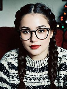 Young Woman with Braided Hair and Black Glasses in Cozy Winter Sweater